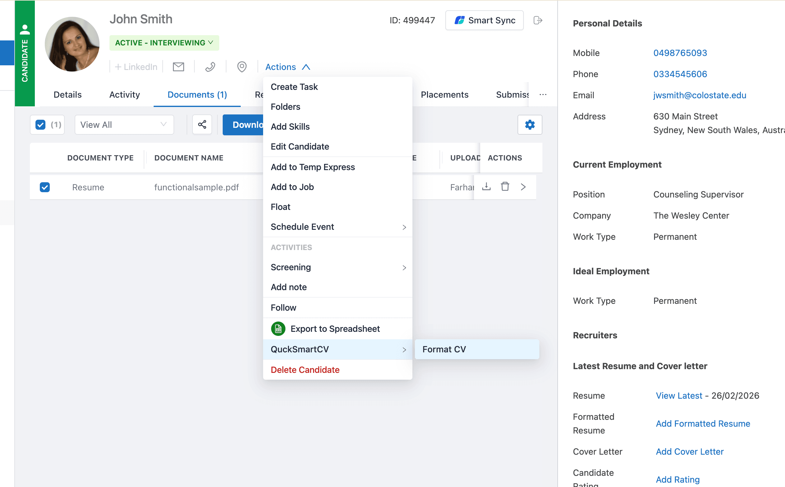 JobAdder Actions menu showing QuickSmartCV Format CV option on a candidate profile